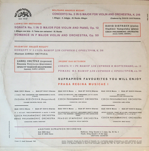 David Oistrach, Wolfgang Amadeus Mozart, Ludwig van Beethoven : Concerto No. 3 In G Major For Violin And Orchestra K. 216, Sonata No. 1 In D Major For Violin And Piano, Op. 12, Romance No. 2 In F Major For Violin And Orchestra Op. 50 (LP, Mono)