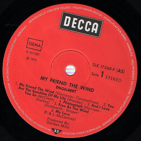 Engelbert Humperdinck : My Friend The Wind (LP, Album)