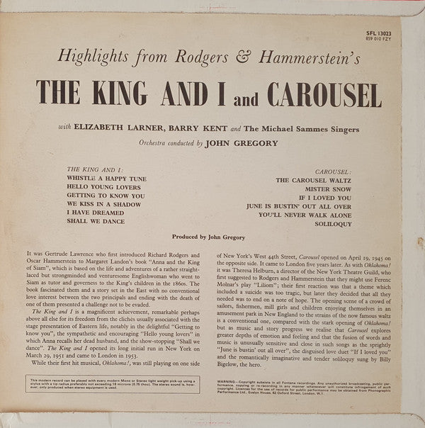 Elizabeth Larner, Barry Kent And The Mike Sammes Singers : The King And I / Carousel (LP, RE)