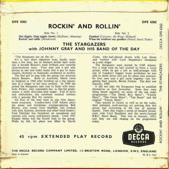 The Stargazers With Johnnie Gray And His Band Of The Day : Rockin' & Rollin' (7", EP)