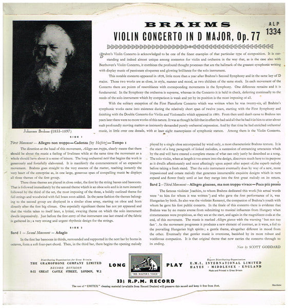 Johannes Brahms, Jascha Heifetz, Chicago Symphony Orchestra, Fritz Reiner : Violin Concerto (LP, Mono)