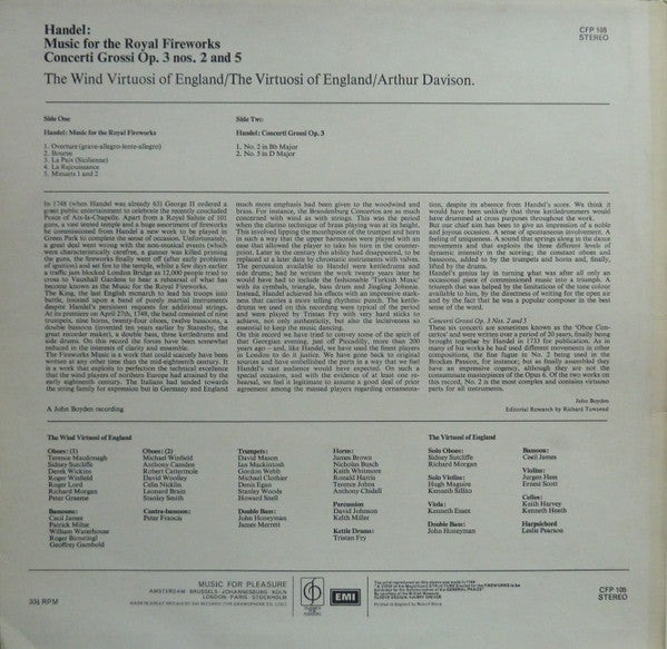 Georg Friedrich Händel, The Wind Virtuosi Of England / The Virtuosi Of England / Arthur Davison : Music For The Royal Fireworks (LP)