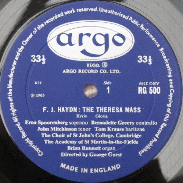 Joseph Haydn, Erna Spoorenberg, Bernadette Greevy, John Mitchinson, Tom Krause, St. John's College Choir, The Academy Of St. Martin-in-the-Fields Directed By George Guest (2) : Theresa Mass (LP, Mono)