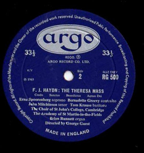 Joseph Haydn, Erna Spoorenberg, Bernadette Greevy, John Mitchinson, Tom Krause, St. John's College Choir, The Academy Of St. Martin-in-the-Fields Directed By George Guest (2) : Theresa Mass (LP, Mono)