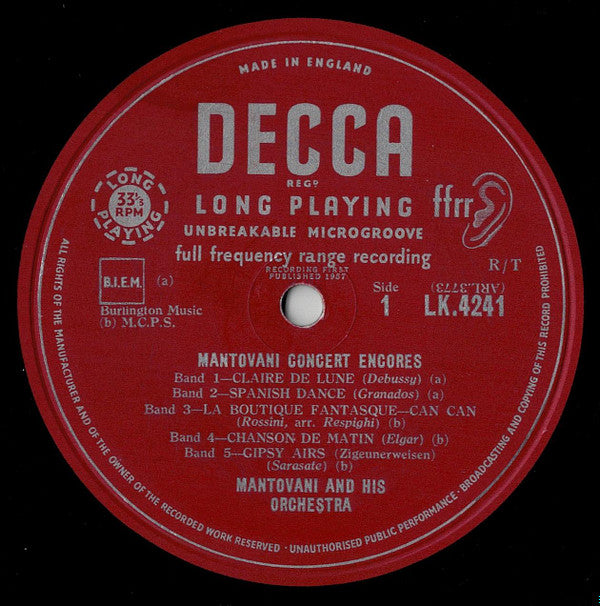 Mantovani And His Orchestra : Concert Encores (LP)