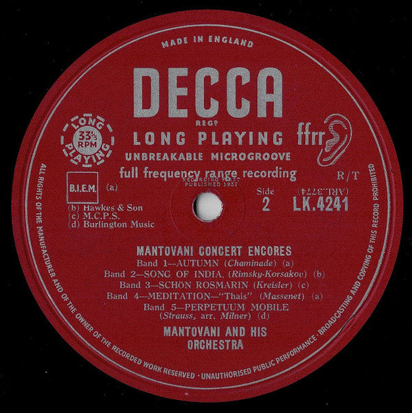 Mantovani And His Orchestra : Concert Encores (LP)