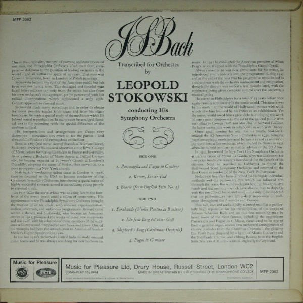 Johann Sebastian Bach, Leopold Stokowski And His Symphony Orchestra : JS Bach Transcribed For Orchestra By Leopold Stokowski Conducting His Symphony Orchestra (LP, Comp, Mono)