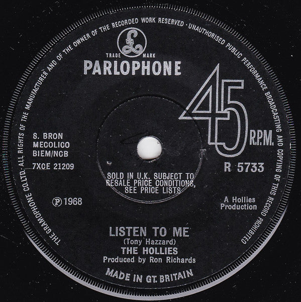 The Hollies : Listen To Me (7", Sol)