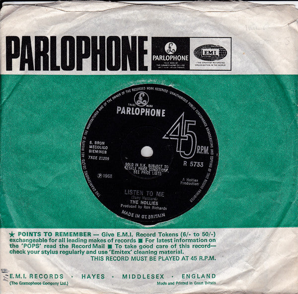 The Hollies : Listen To Me (7", Sol)
