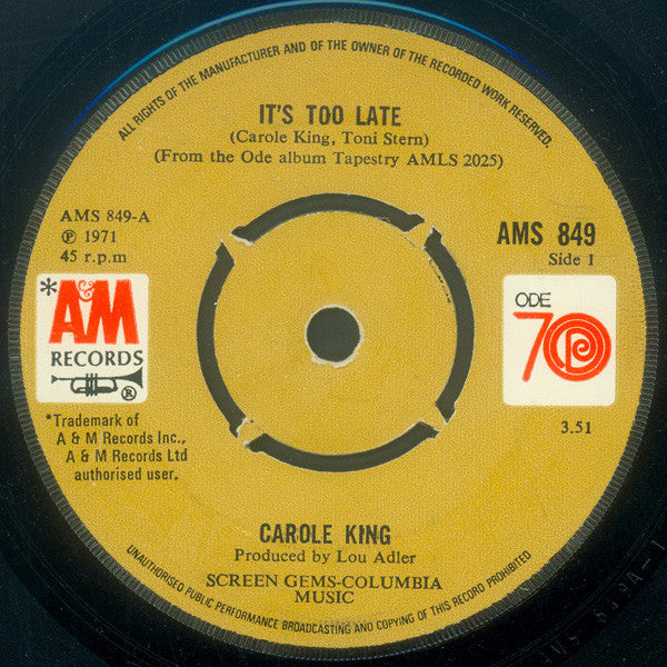 Carole King : It's Too Late (7", Single, Kno)