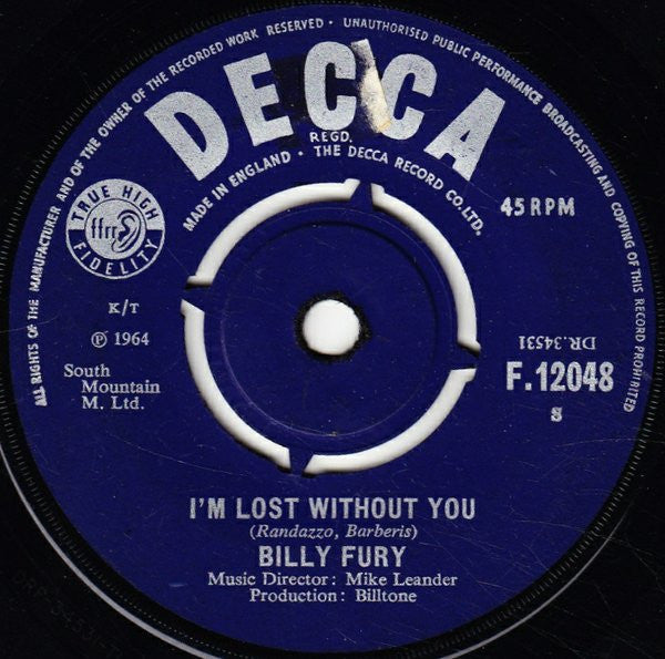 Billy Fury : I'm Lost Without You (7", Single)
