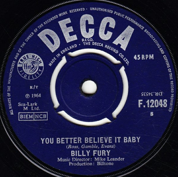 Billy Fury : I'm Lost Without You (7", Single)