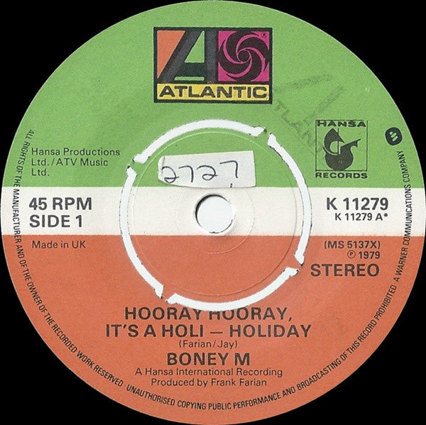 Boney M. : Hooray! Hooray! It's A Holi~Holiday (7", Single, Pus)