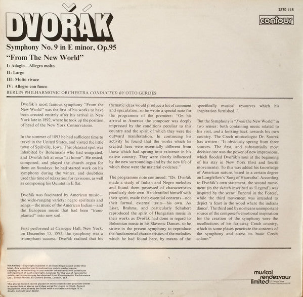 Antonín Dvořák, Berliner Philharmoniker Conducted By Otto Gerdes : Symphony No. 9 In E Minor Op.95 "From The New World" (LP, Album, RE)
