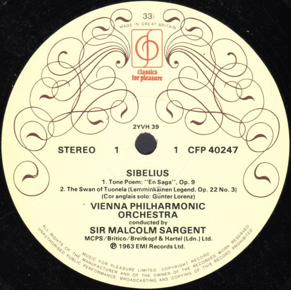 Jean Sibelius - Wiener Philharmoniker Conducted By Sir Malcolm Sargent : Finlandia / The Swan Of Tuonela / Karelia Suite / En Saga (LP, RE)