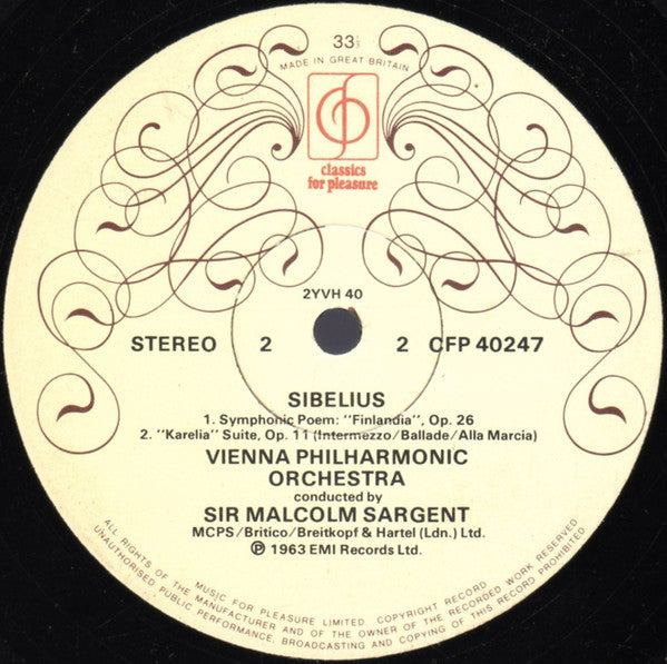 Jean Sibelius - Wiener Philharmoniker Conducted By Sir Malcolm Sargent : Finlandia / The Swan Of Tuonela / Karelia Suite / En Saga (LP, RE)