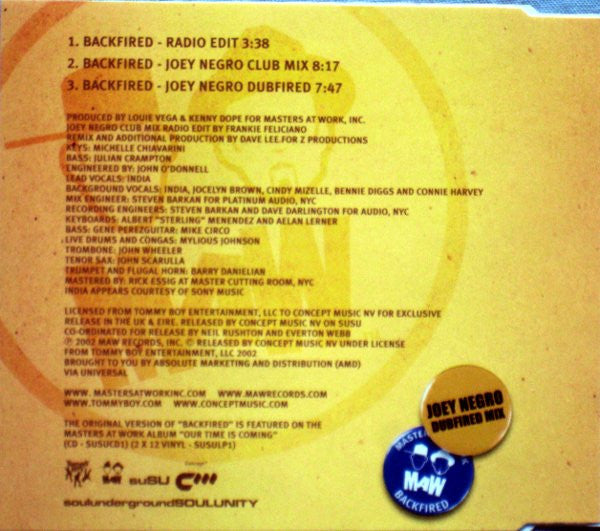 Masters At Work Featuring India : Backfired (Joey Negro Club & Dubfired Mixes) (CD, Single)