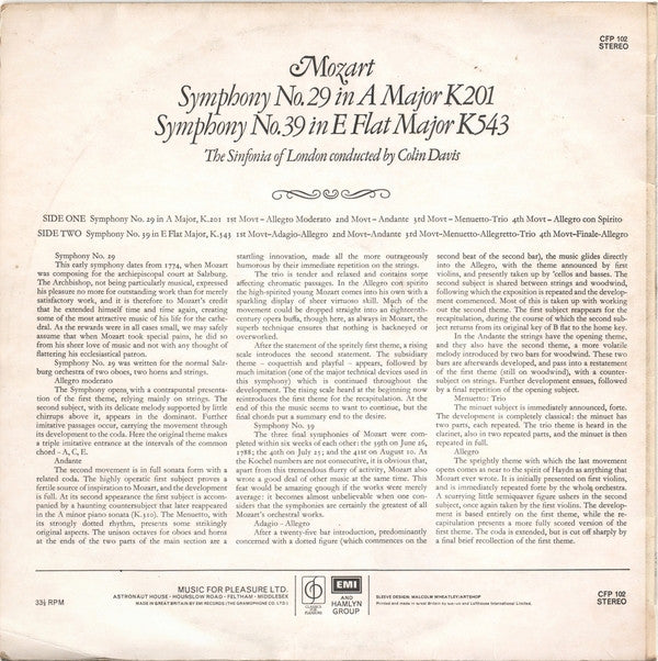 Wolfgang Amadeus Mozart, Sinfonia Of London, Sir Colin Davis : Symphonies Nos.29&39 (LP, RE)