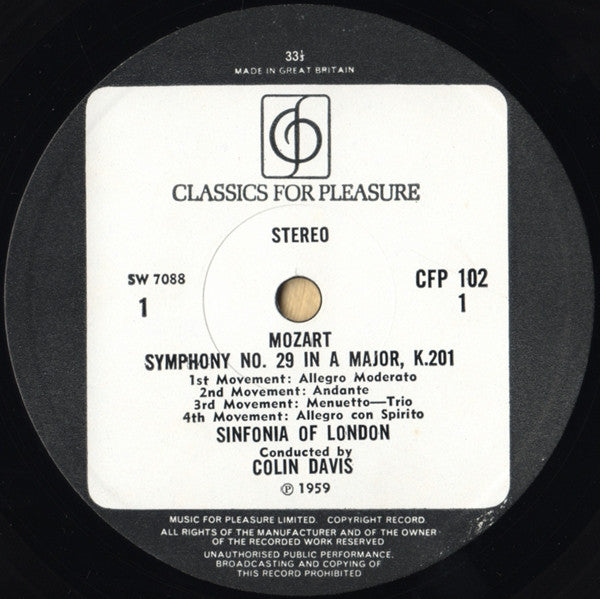Wolfgang Amadeus Mozart, Sinfonia Of London, Sir Colin Davis : Symphonies Nos.29&39 (LP, RE)