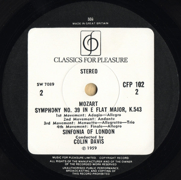 Wolfgang Amadeus Mozart, Sinfonia Of London, Sir Colin Davis : Symphonies Nos.29&39 (LP, RE)