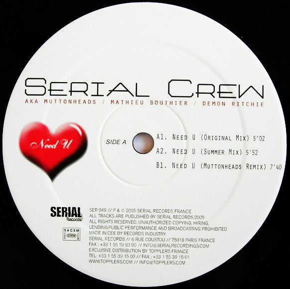 Serial Crew aka Muttonheads / Mathieu Bouthier / Demon Ritchie : Need  U (12")