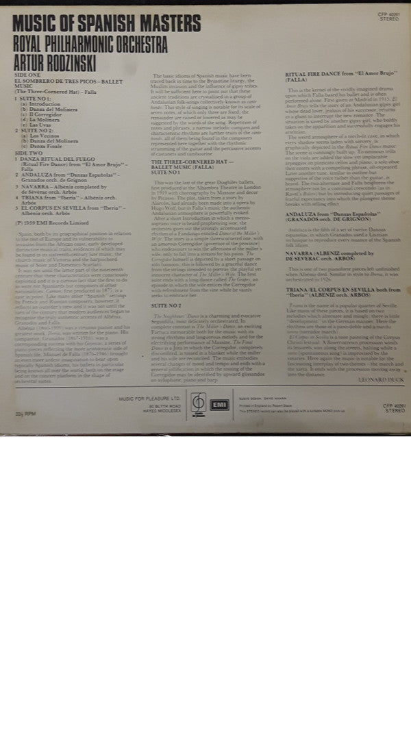 Royal Philharmonic Orchestra Conducted By Artur Rodzinski : Music Of Spanish Masters (LP)