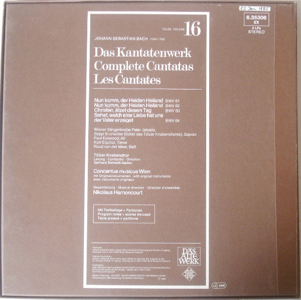 Johann Sebastian Bach : Das Kantatenwerk (Complete Cantatas) | BWV 61-64 | Vol. 16 (2xLP + Box)