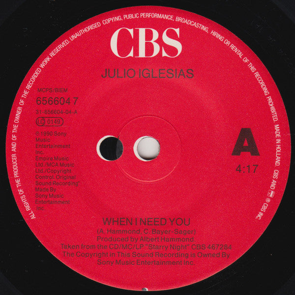 Julio Iglesias : When I Need You (7", Single)