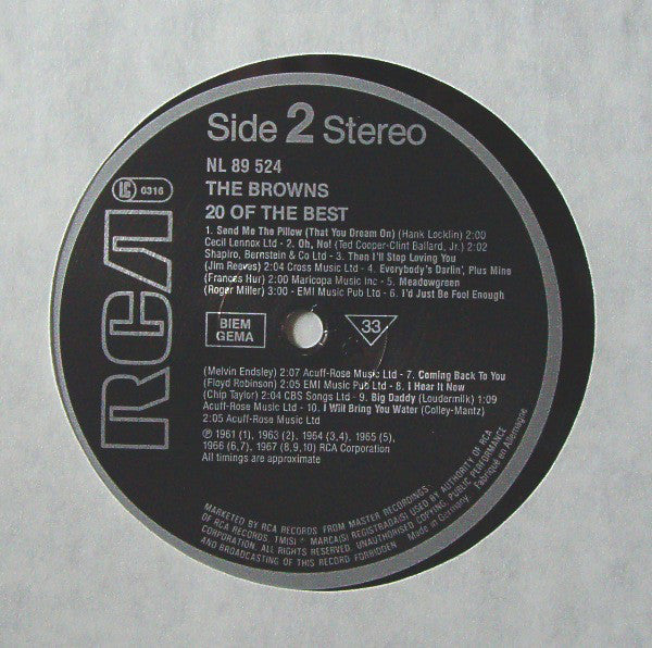 The Browns (3) : 20 Of The Best (LP, Comp)