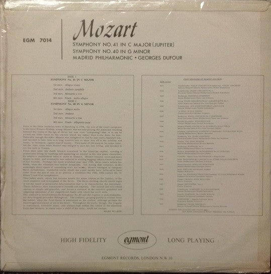 Wolfgang Amadeus Mozart - Orquesta Filarmónica De Madrid, Georges Dufour : Jupiter Symphony (LP, Album, Mono)