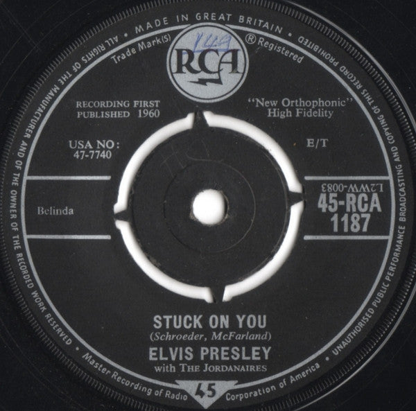 Elvis Presley With The Jordanaires : Stuck On You  (7", Single)