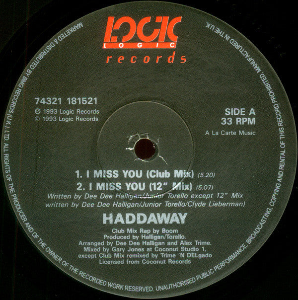 Haddaway : I Miss You (12", Single)