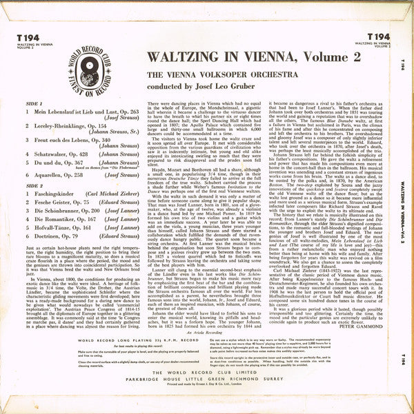 The Vienna Volksoper Orchestra* Conducted By Josef Leo Gruber : Waltzing In Vienna - Volume 2 (LP, Album, Mono, Club)