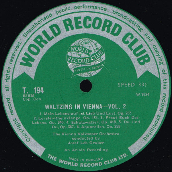 The Vienna Volksoper Orchestra* Conducted By Josef Leo Gruber : Waltzing In Vienna - Volume 2 (LP, Album, Mono, Club)