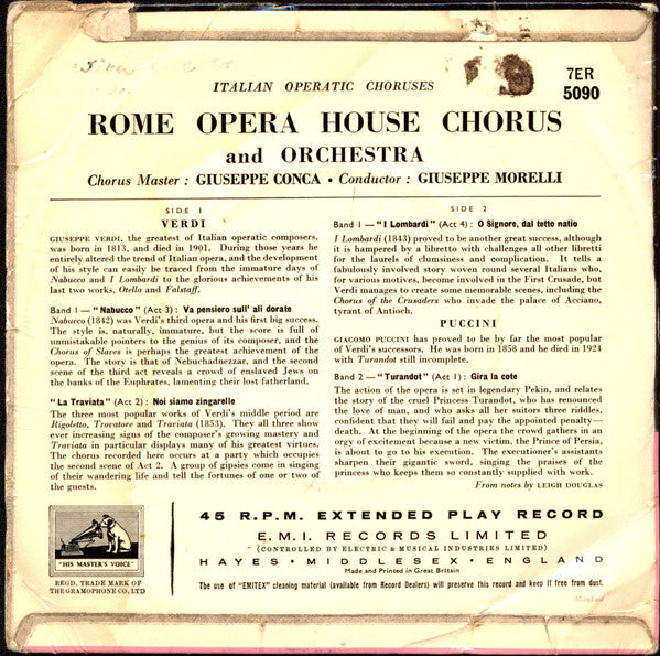 Coro Del Teatro Dell'Opera Di Roma And Orchestra Del Teatro Dell'Opera Di Roma : Italian Operatic Choruses (7")