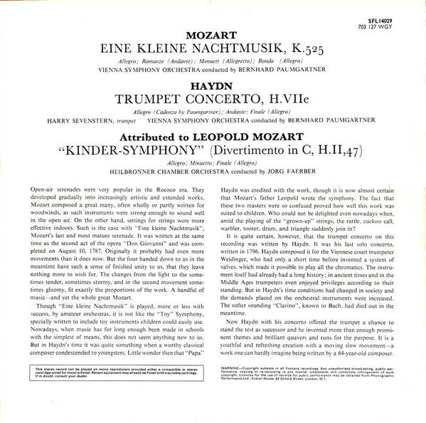 Wolfgang Amadeus Mozart / Joseph Haydn / Leopold Mozart - Wiener Symphoniker, Bernhard Paumgartner / Württembergisches Kammerorchester, Jörg Faerber : Eine Kleine Nachtmusik / Trumpet Concerto / Kinder-Symphony (Divertimento In C) (LP, RE)