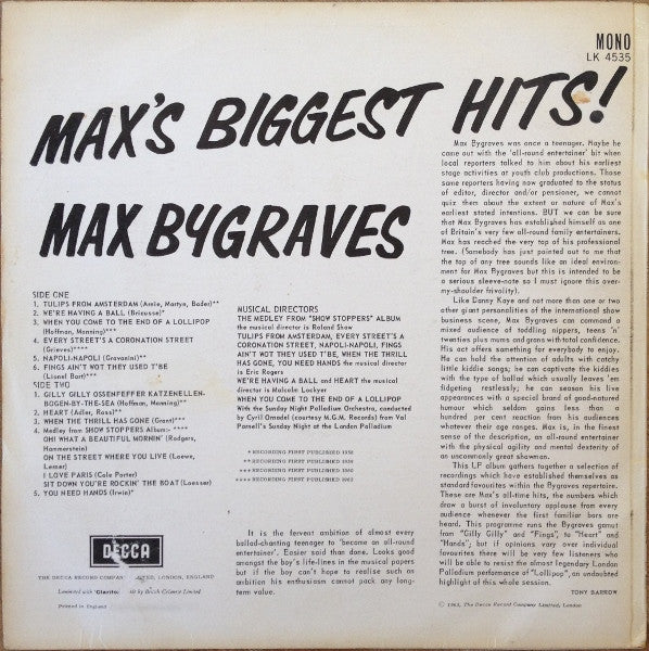 Max Bygraves : Max's Biggest Hits!  (LP, Comp, Mono)