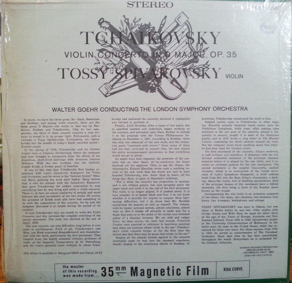 Tchaikovsky* - Tossy Spivakovsky, Walter Goehr Conducting The London Symphony Orchestra* : Violin Concerto In D Major, Op. 35 (LP)