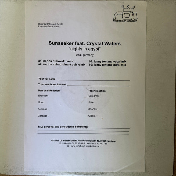Sunseeker Feat. Crystal Waters : Nights In Egypt (12", Promo)