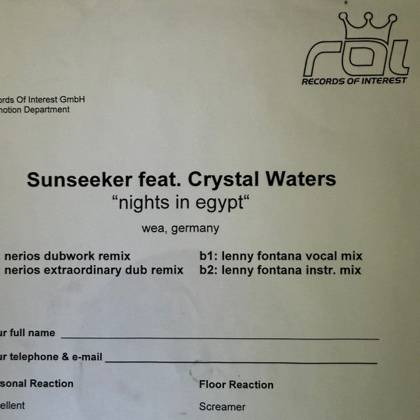 Sunseeker Feat. Crystal Waters : Nights In Egypt (12", Promo)