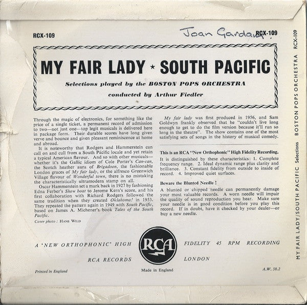 Boston Pops Orchestra, Arthur Fiedler : My Fair Lady / South Pacific (7", EP, Mono, 3 p)