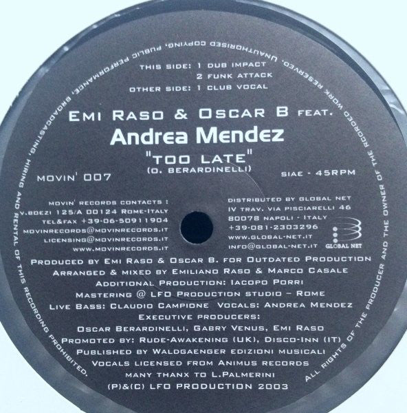 Emiraso & Oscar Berardinelli Feat. Andrea Mendez : Too Late (12")