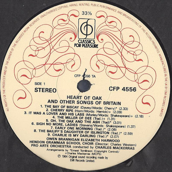 Owen Brannigan, Elizabeth Harwood, Hendon Grammar School Choir, Pro Arte Orchestra, Sir Charles Mackerras : Heart Of Oak & Other Songs Of Britain (LP, RE)