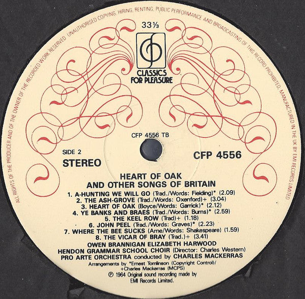 Owen Brannigan, Elizabeth Harwood, Hendon Grammar School Choir, Pro Arte Orchestra, Sir Charles Mackerras : Heart Of Oak & Other Songs Of Britain (LP, RE)