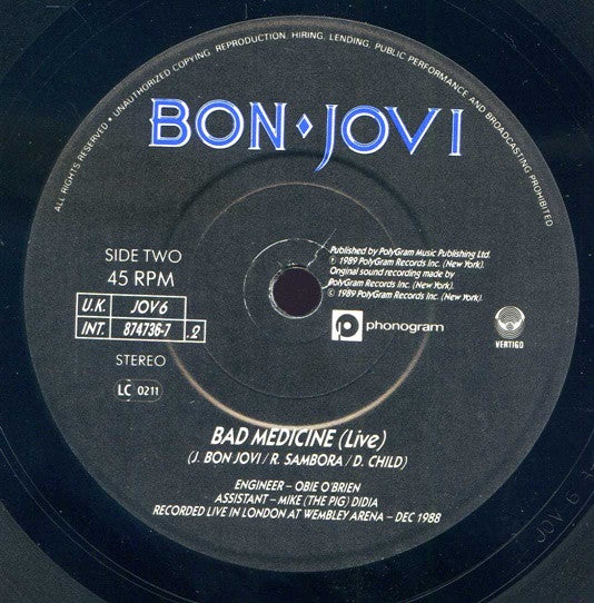 Bon Jovi : Lay Your Hands On Me (7", Single, Pap)
