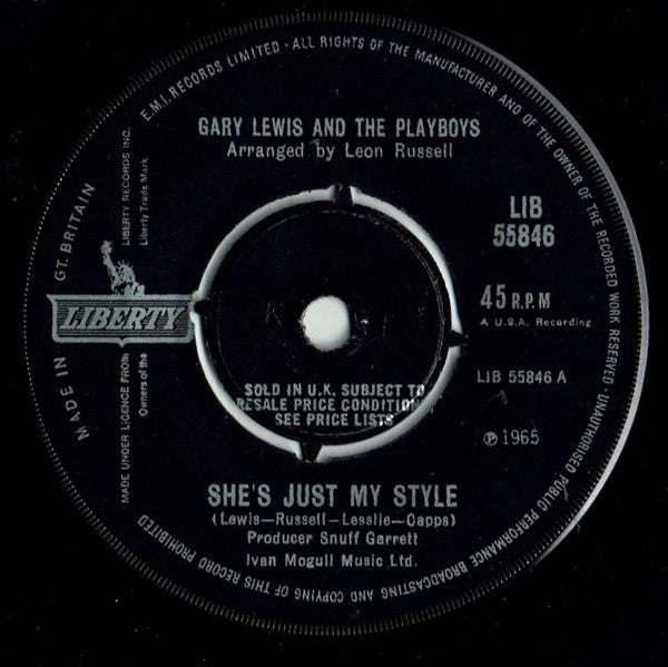 Gary Lewis & The Playboys : She's Just My Style (7", Single)