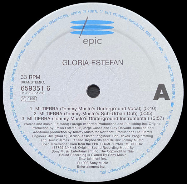 Gloria Estefan : Mi Tierra (Tommy Musto & Pablo Flores Mixes) (12", Single)