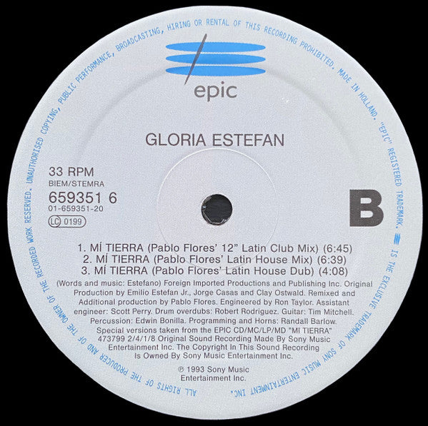 Gloria Estefan : Mi Tierra (Tommy Musto & Pablo Flores Mixes) (12", Single)