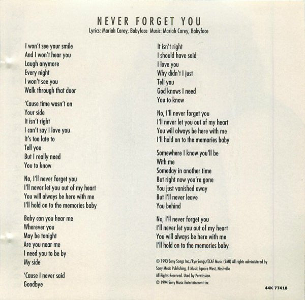 Mariah Carey : Never Forget You (CD, Maxi)