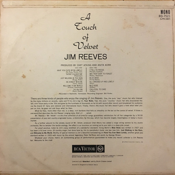 Jim Reeves : A Touch Of Velvet (LP, Album, Mono)